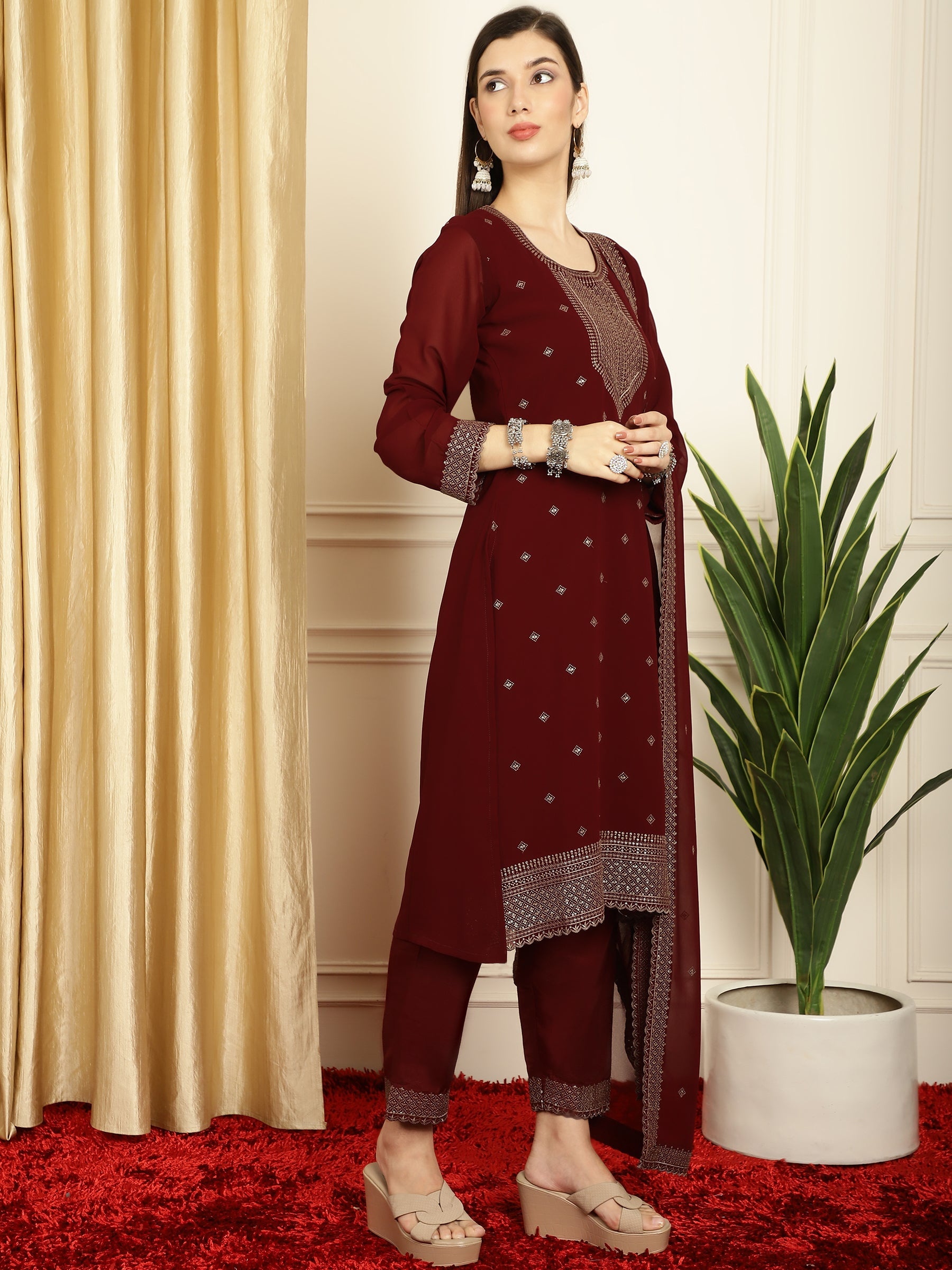 Stylee Lifestyle Marron Georgette Embroidered Suit Set | Grocsy