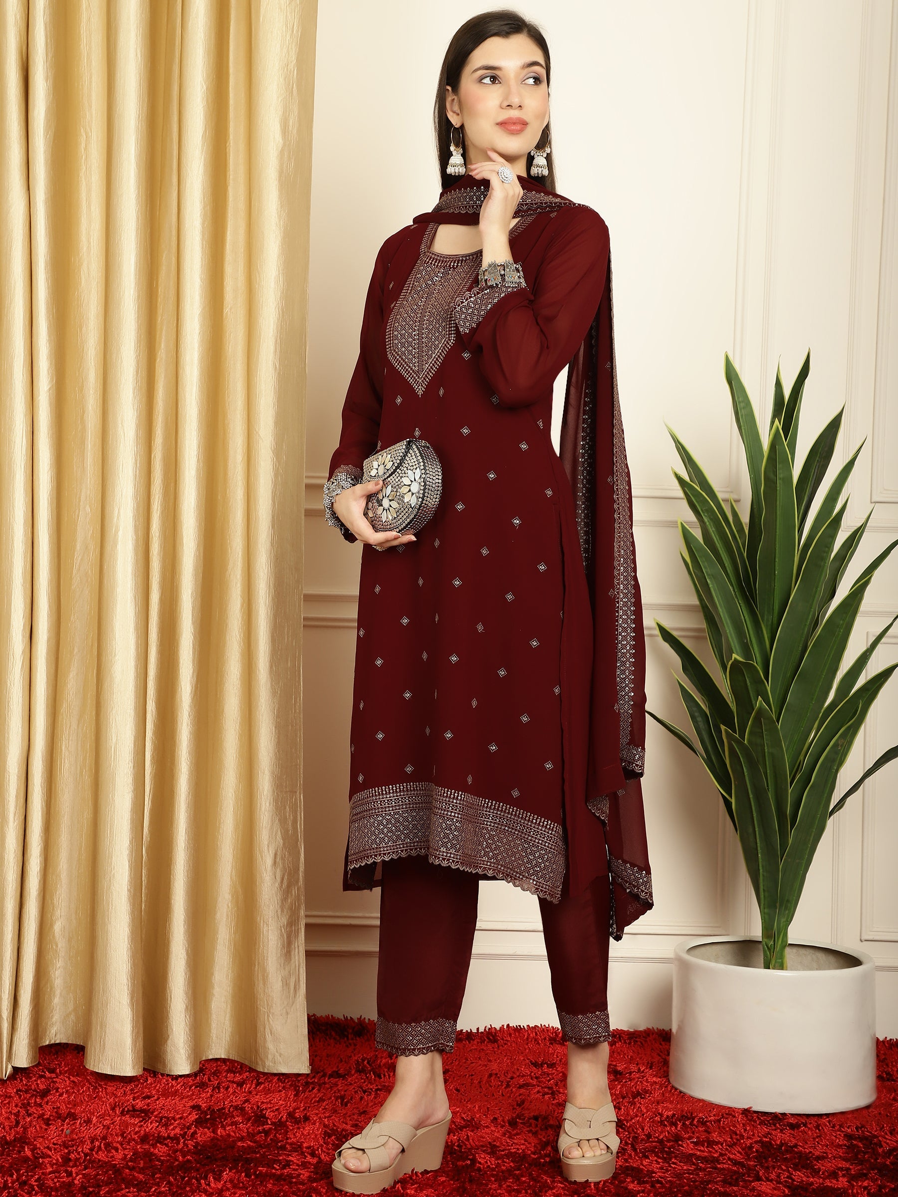 Stylee Lifestyle Marron Georgette Embroidered Suit Set | Grocsy