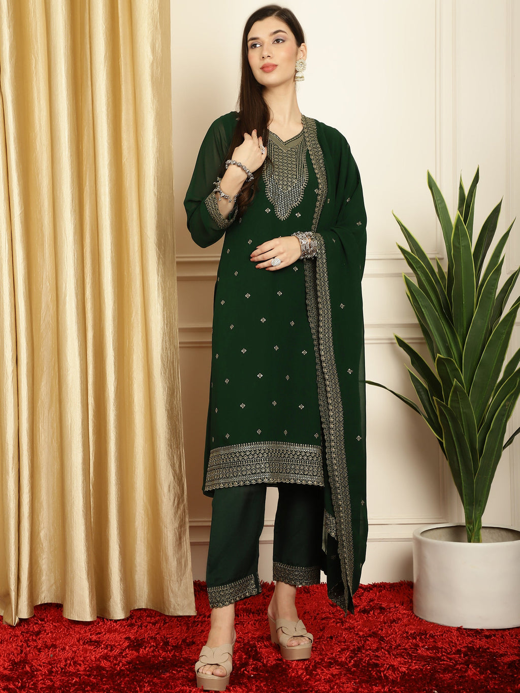 Stylee Lifestyle Green Georgette Embroidered Suit Set | Grocsy