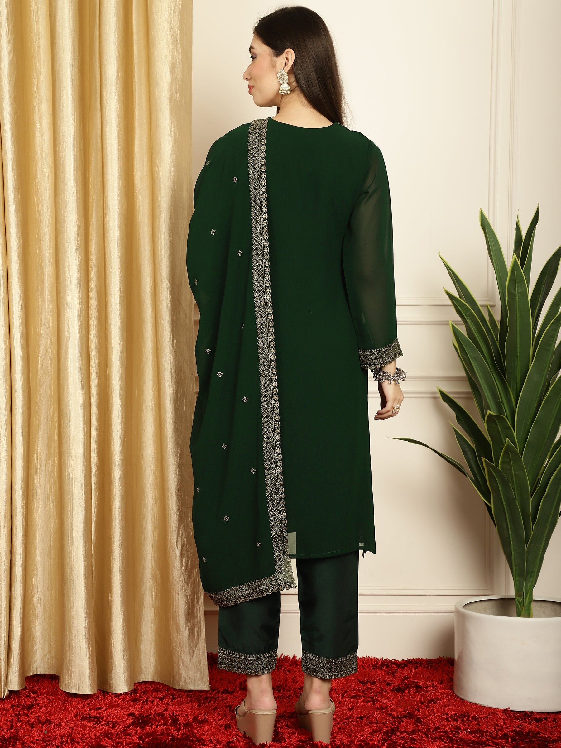 Stylee Lifestyle Green Georgette Embroidered Suit Set | Grocsy