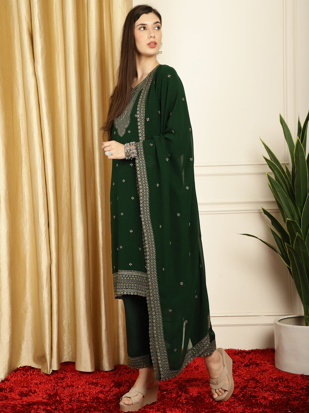Stylee Lifestyle Green Georgette Embroidered Suit Set | Grocsy