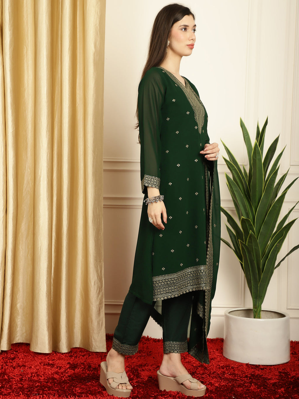 Stylee Lifestyle Green Georgette Embroidered Suit Set | Grocsy