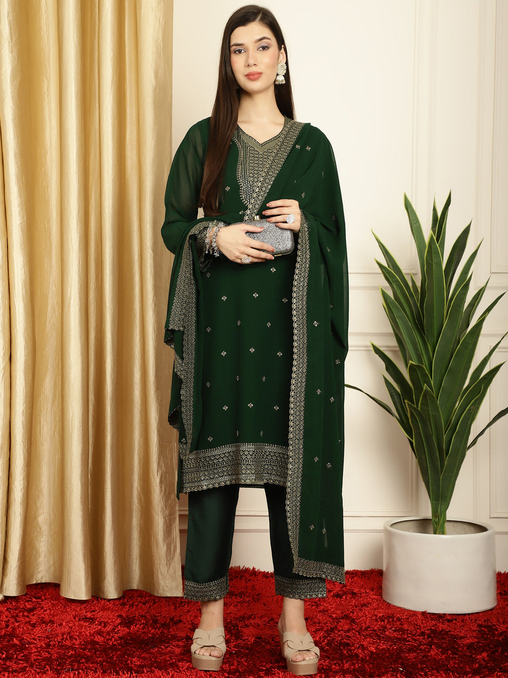 Stylee Lifestyle Green Georgette Embroidered Suit Set | Grocsy