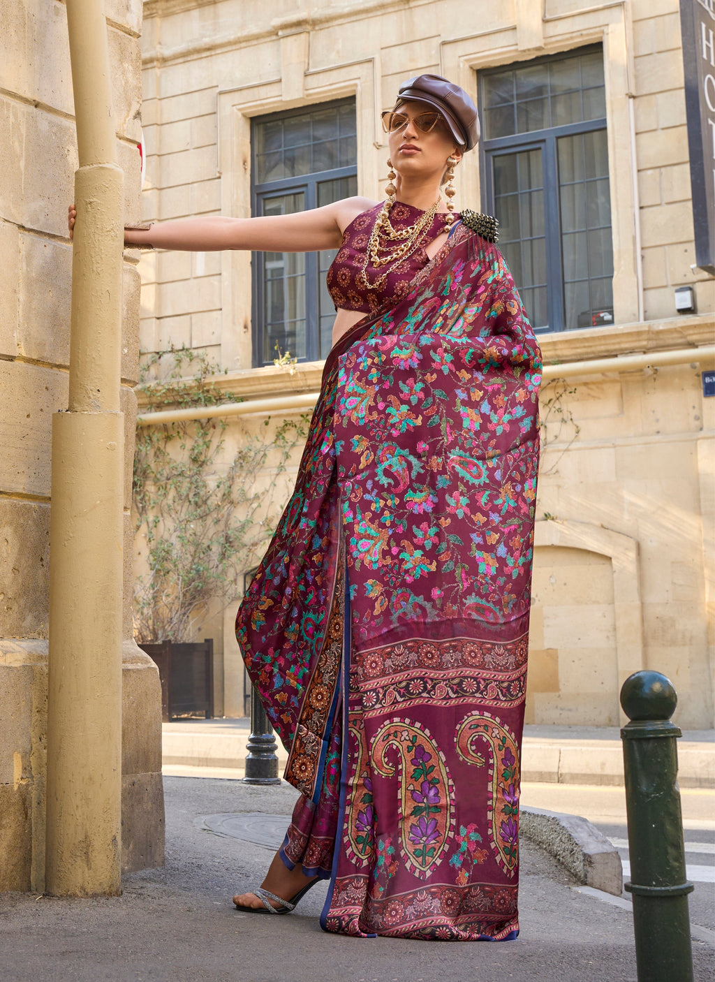 Monjolika Fashion Elegant Wine Colour Satin Georgette Lightweight Saree | Grocsy