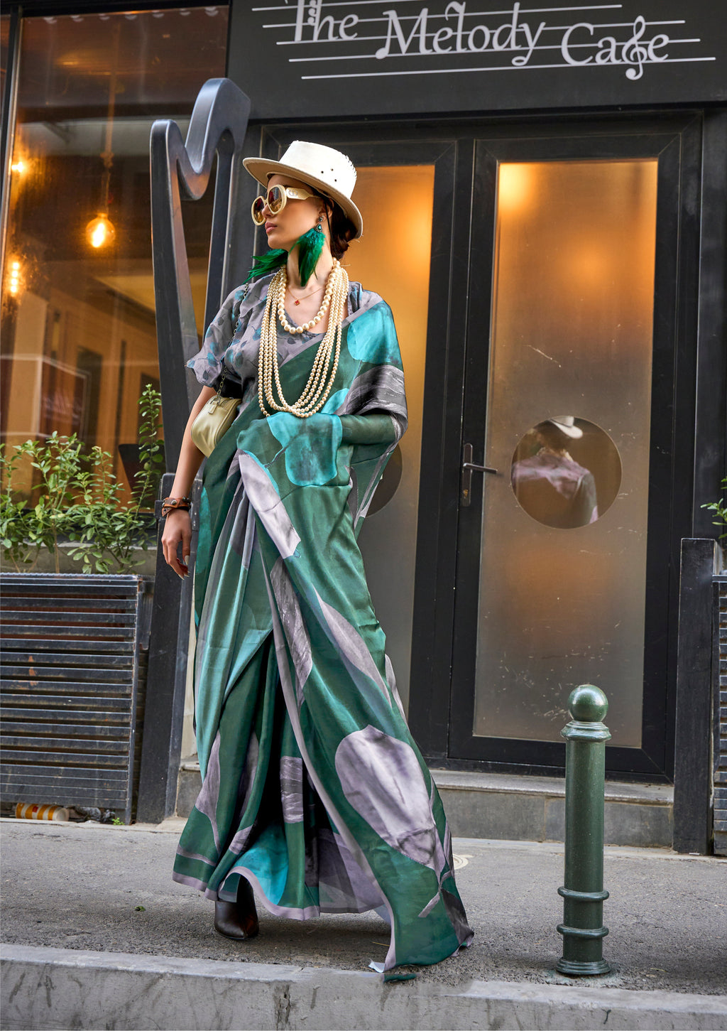 Monjolika Fashion Elegant Dark Green Colour Satin Georgette Lightweight Saree | Grocsy