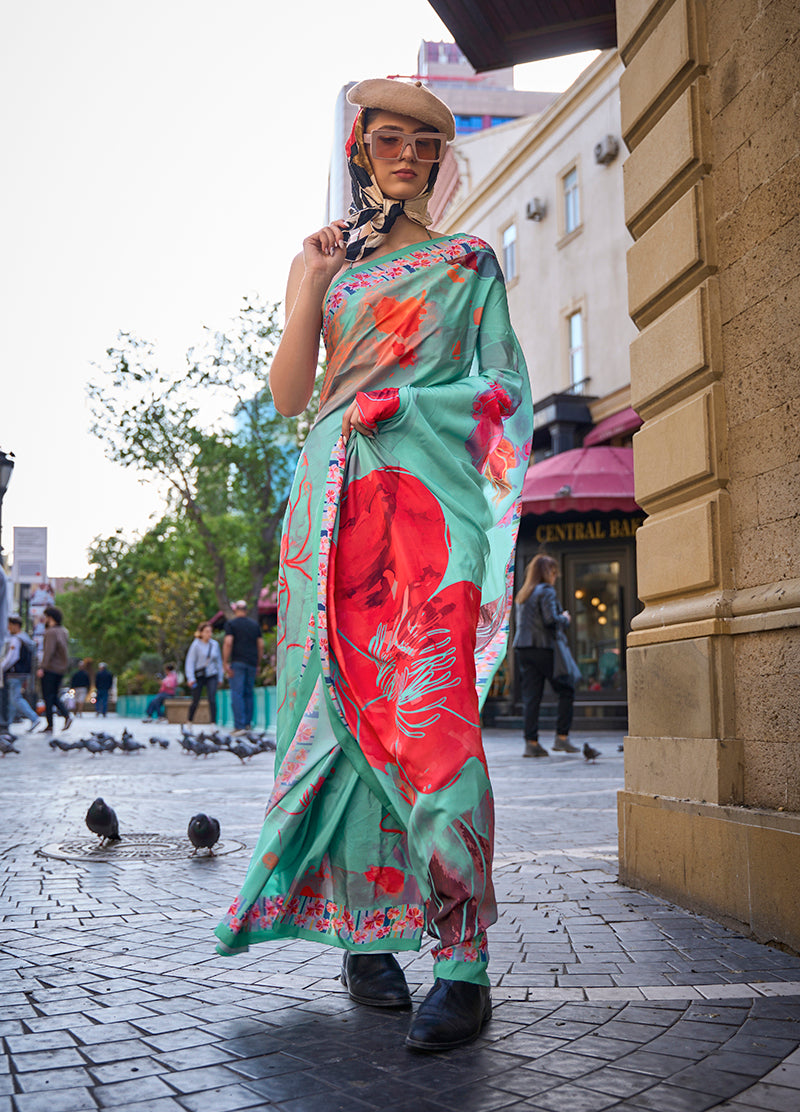Monjolika Fashion Sophisticated Sea Green Colour Crepe Silk Elegant Saree | Grocsy