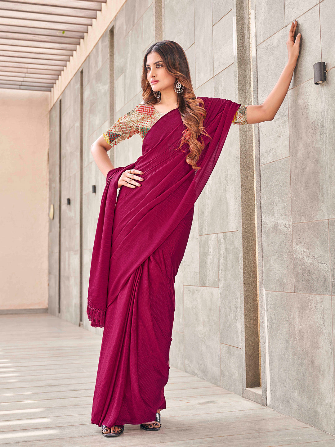 Tikhi Imli Woven Design Tasselled Satin Jacquard Ready to Wear Saree | Grocsy