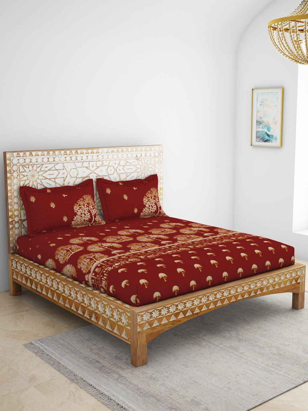 SPACES Red & Yellow Ethnic Motifs Cotton 210 TC King Bedsheet With 2 Pillow Covers | Grocsy