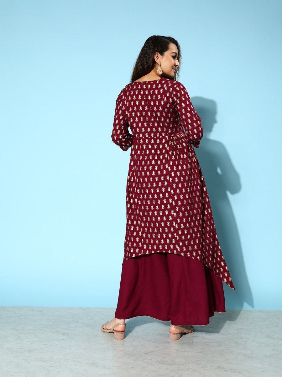 All About You Carmine Maroon Printed A-Line Veere Di Wedding Kurta with Palazzos | Grocsy