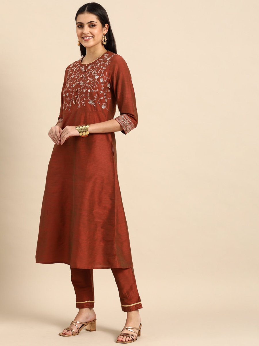 All About You Women Rust Embroidered Kurta with Trousers & Dupatta | Grocsy