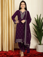 Stylee Lifestyle Burgundy Georgette Embroidered Suit Set | Grocsy
