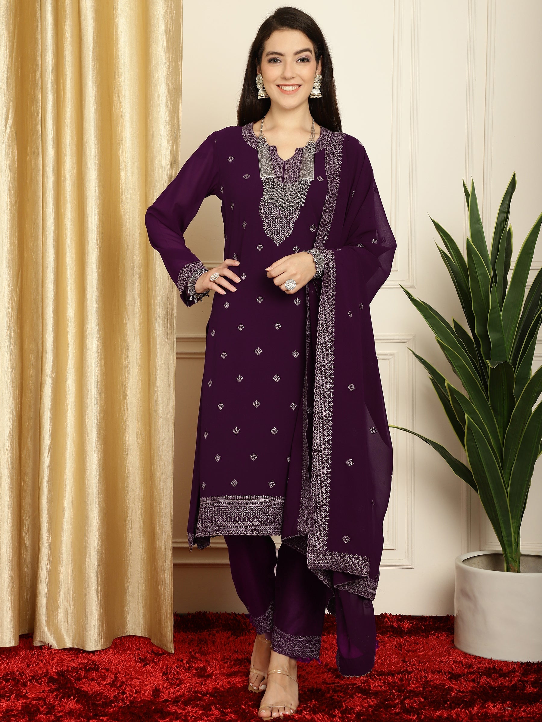 Stylee Lifestyle Burgundy Georgette Embroidered Suit Set | Grocsy