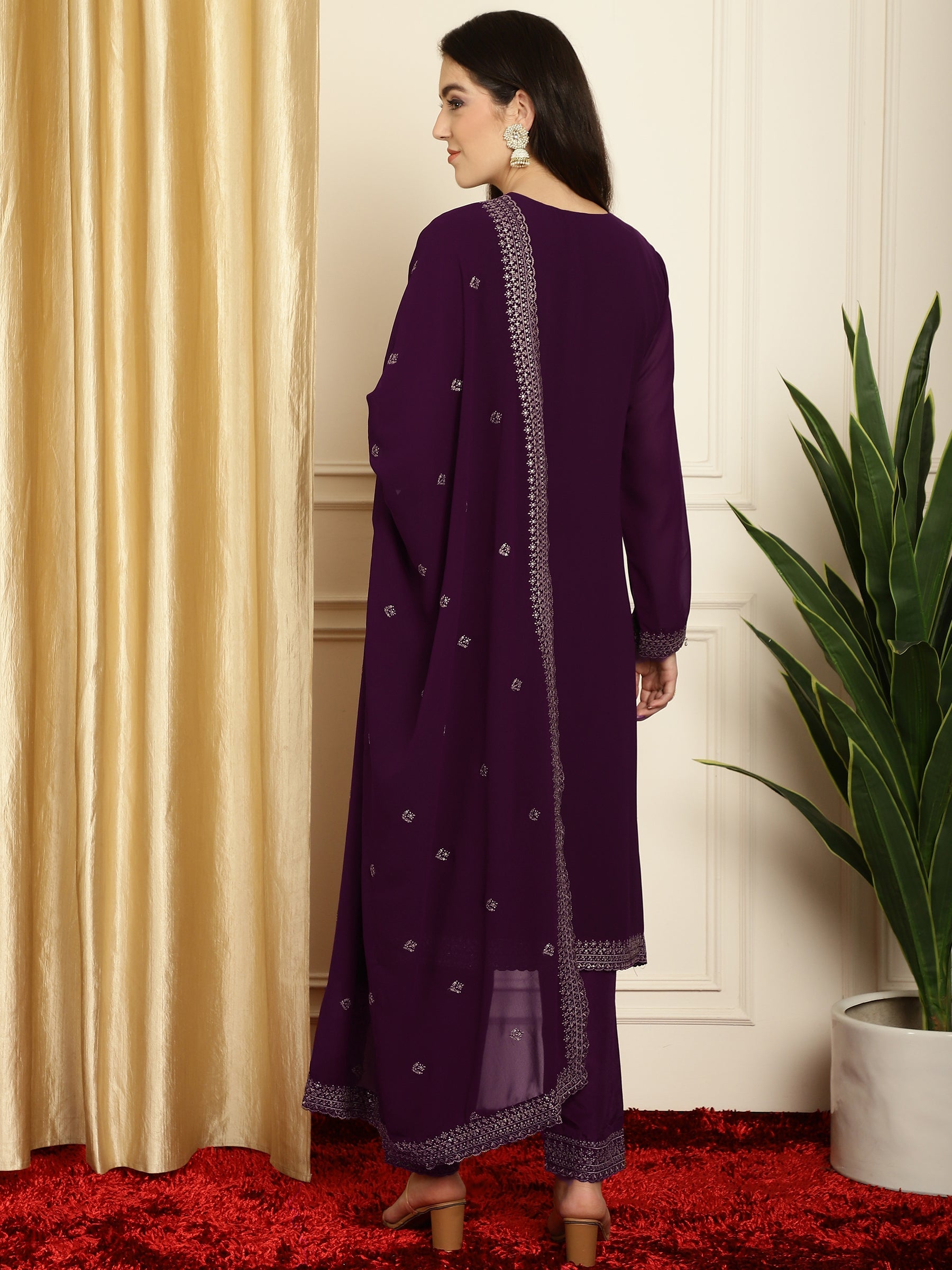 Stylee Lifestyle Burgundy Georgette Embroidered Suit Set | Grocsy
