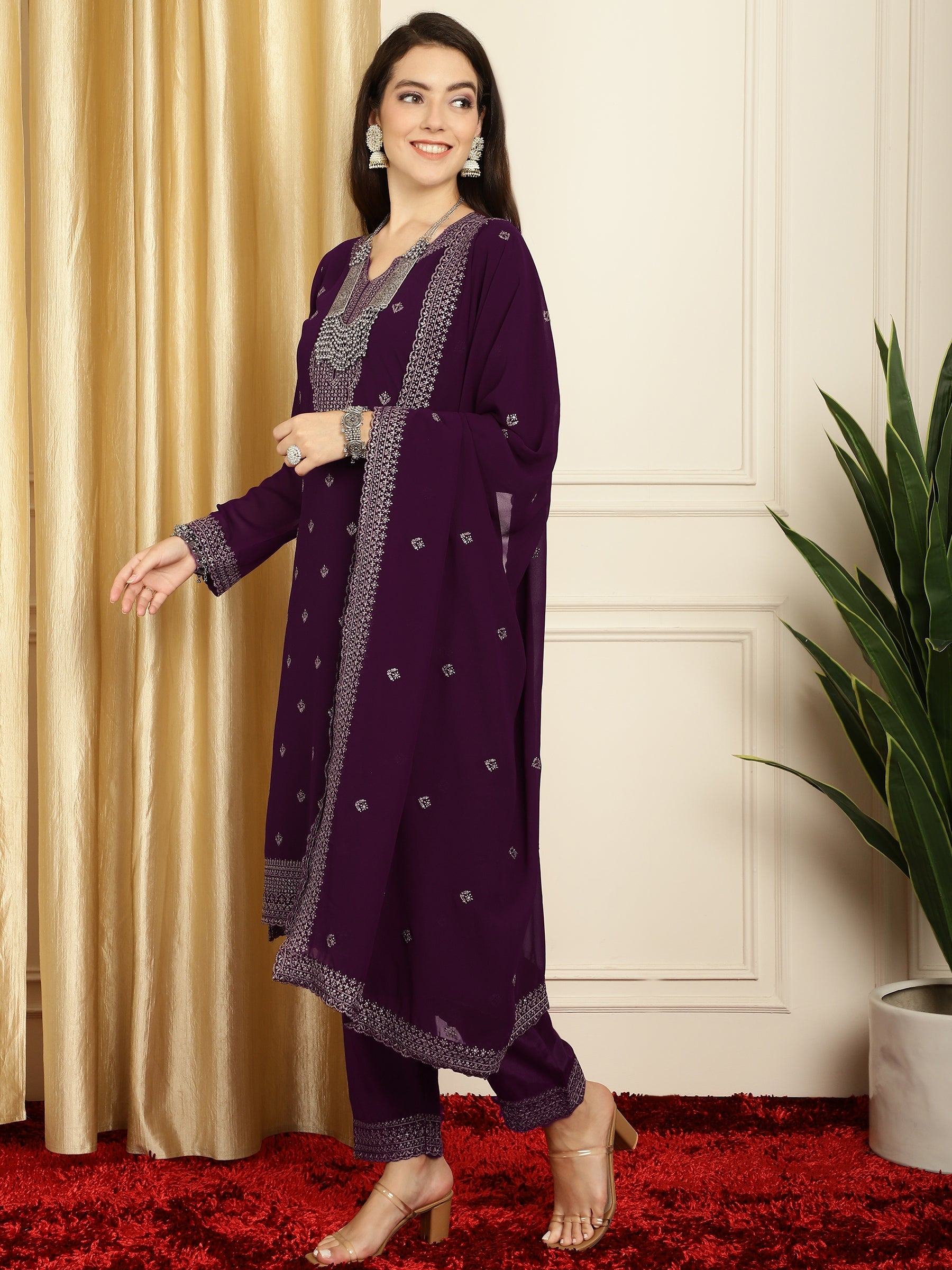 Stylee Lifestyle Burgundy Georgette Embroidered Suit Set | Grocsy