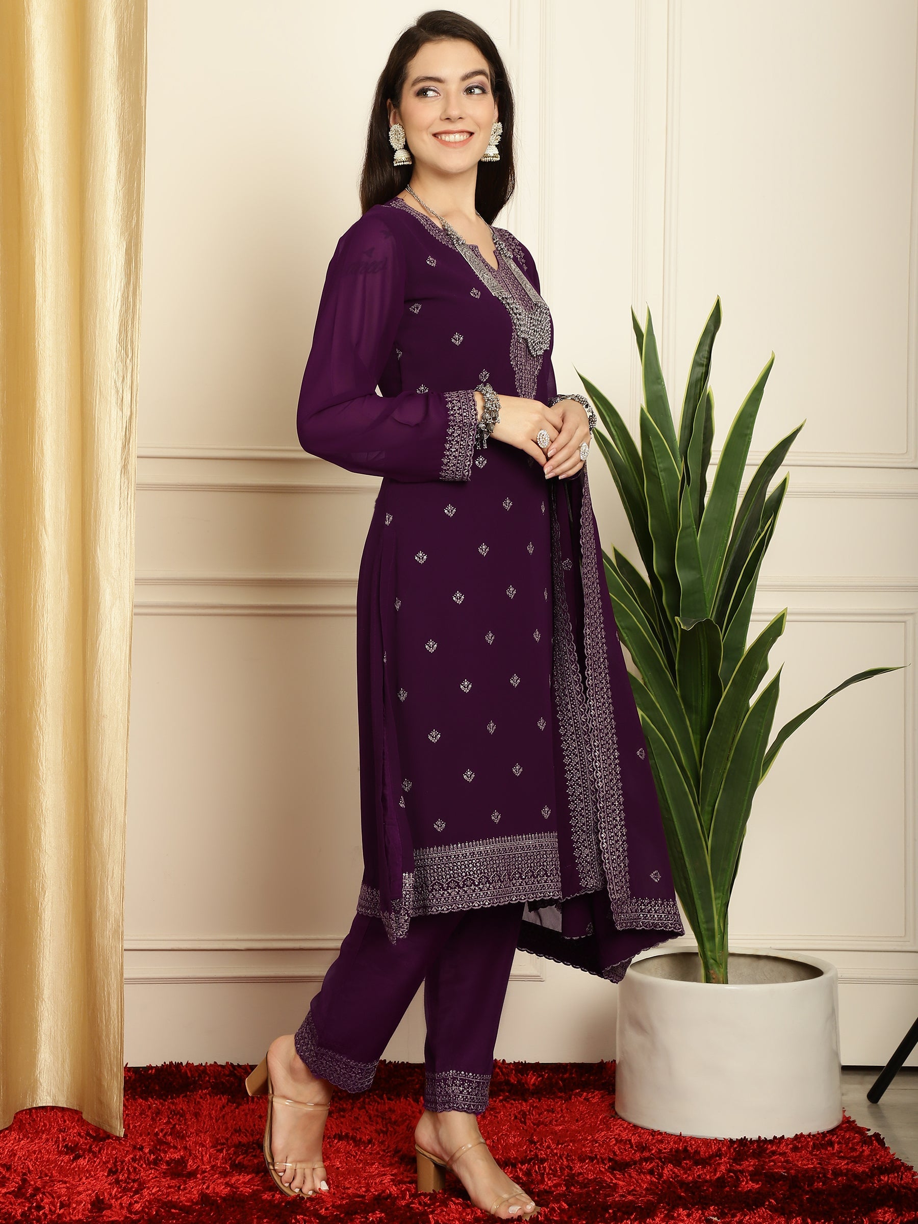 Stylee Lifestyle Burgundy Georgette Embroidered Suit Set | Grocsy