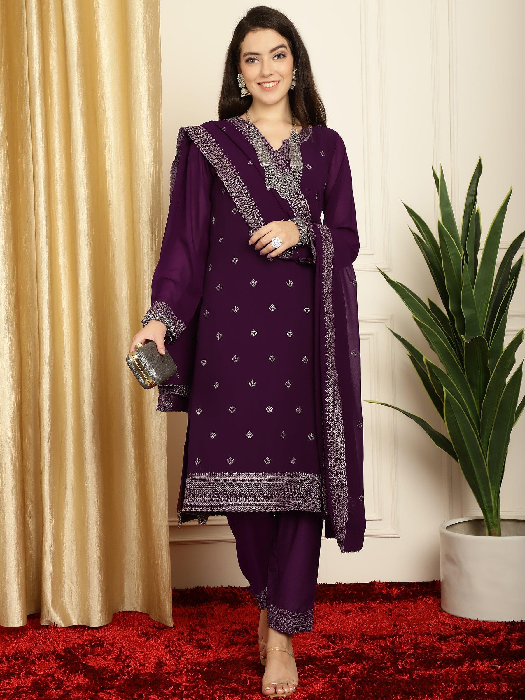 Stylee Lifestyle Burgundy Georgette Embroidered Suit Set | Grocsy