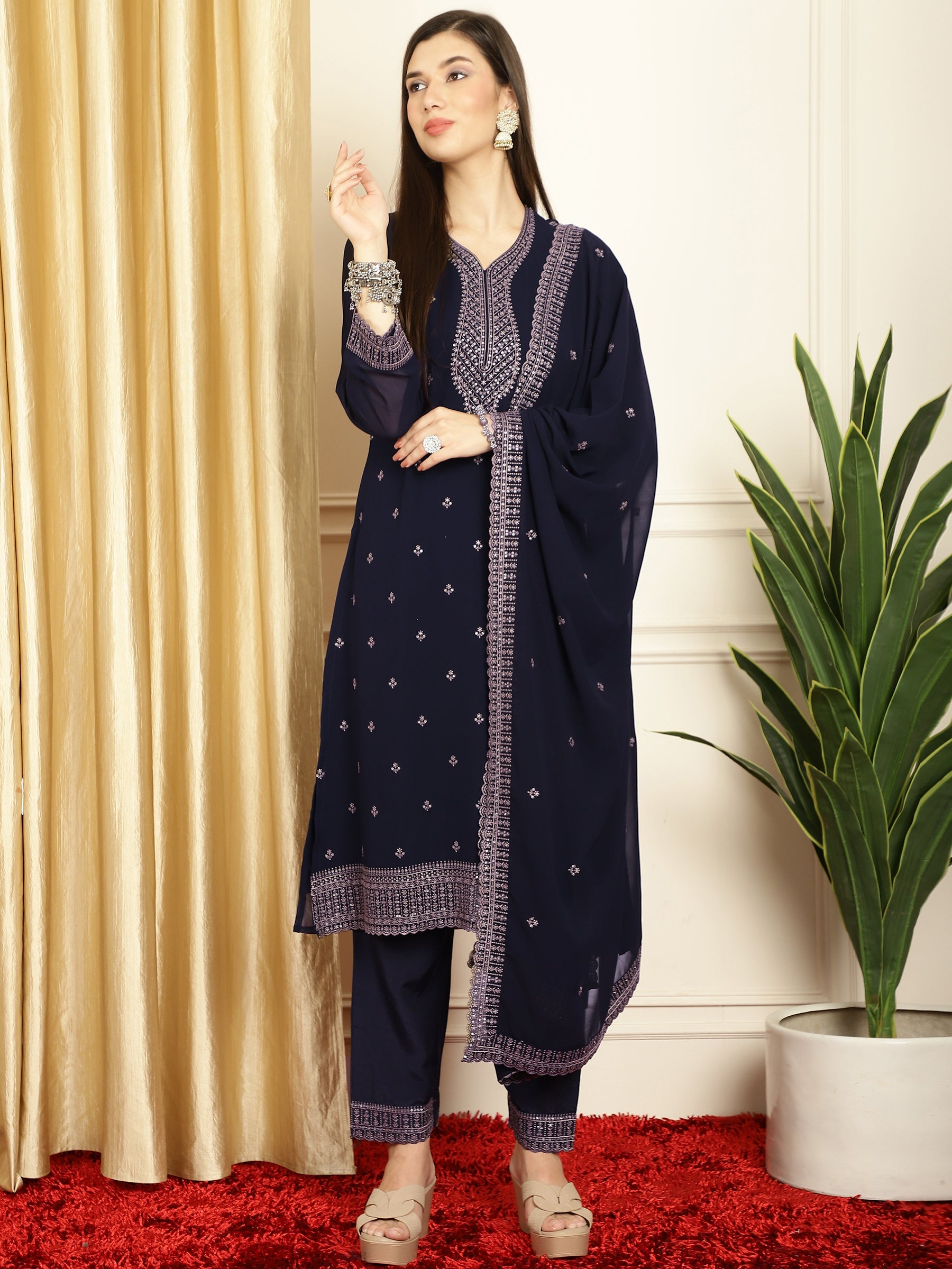 Stylee Lifestyle Navy Blue Georgette Embroidered Suit Set | Grocsy