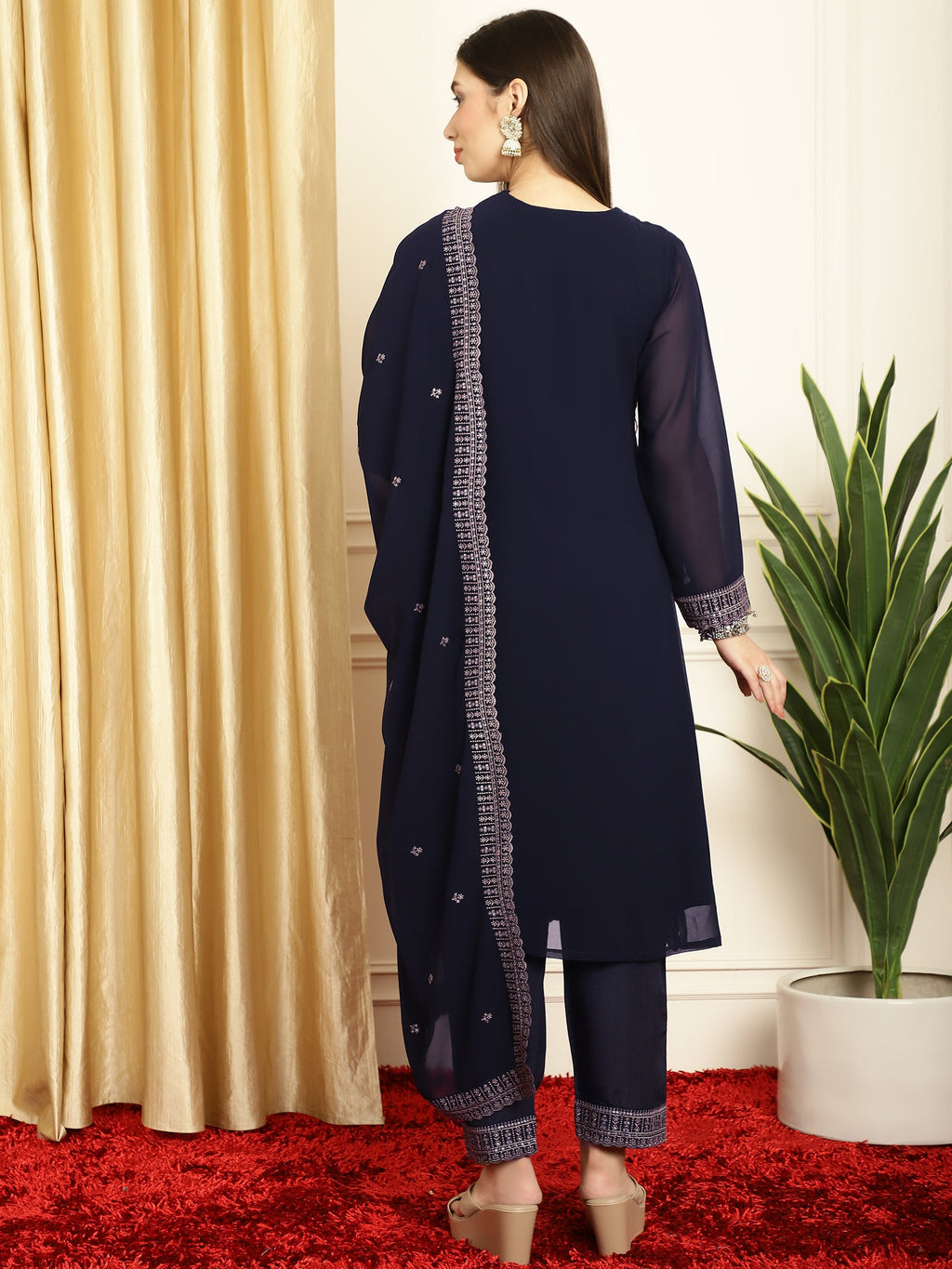 Stylee Lifestyle Navy Blue Georgette Embroidered Suit Set | Grocsy