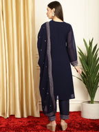 Stylee Lifestyle Navy Blue Georgette Embroidered Suit Set | Grocsy