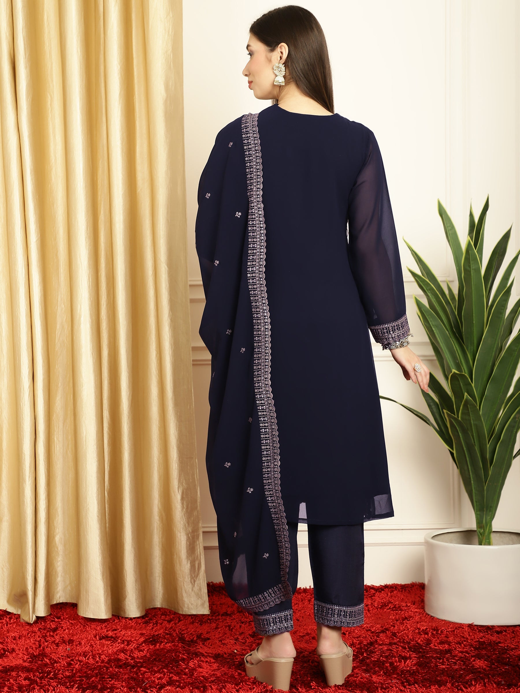 Stylee Lifestyle Navy Blue Georgette Embroidered Suit Set | Grocsy