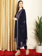 Stylee Lifestyle Navy Blue Georgette Embroidered Suit Set | Grocsy