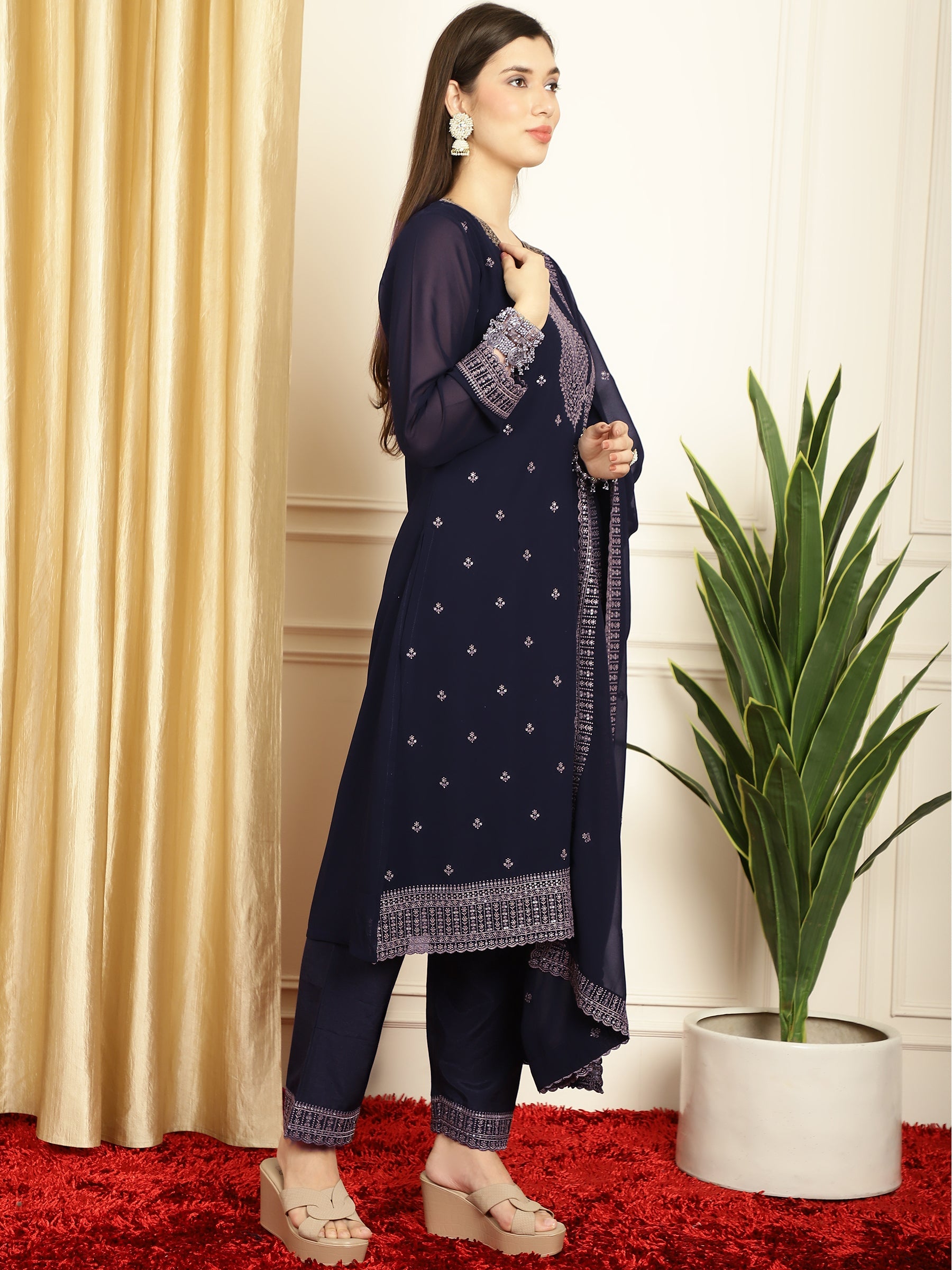 Stylee Lifestyle Navy Blue Georgette Embroidered Suit Set | Grocsy
