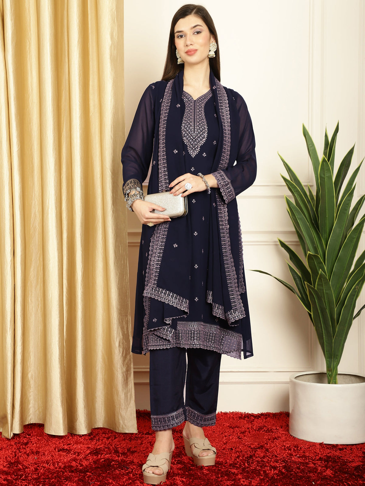 Stylee Lifestyle Navy Blue Georgette Embroidered Suit Set | Grocsy