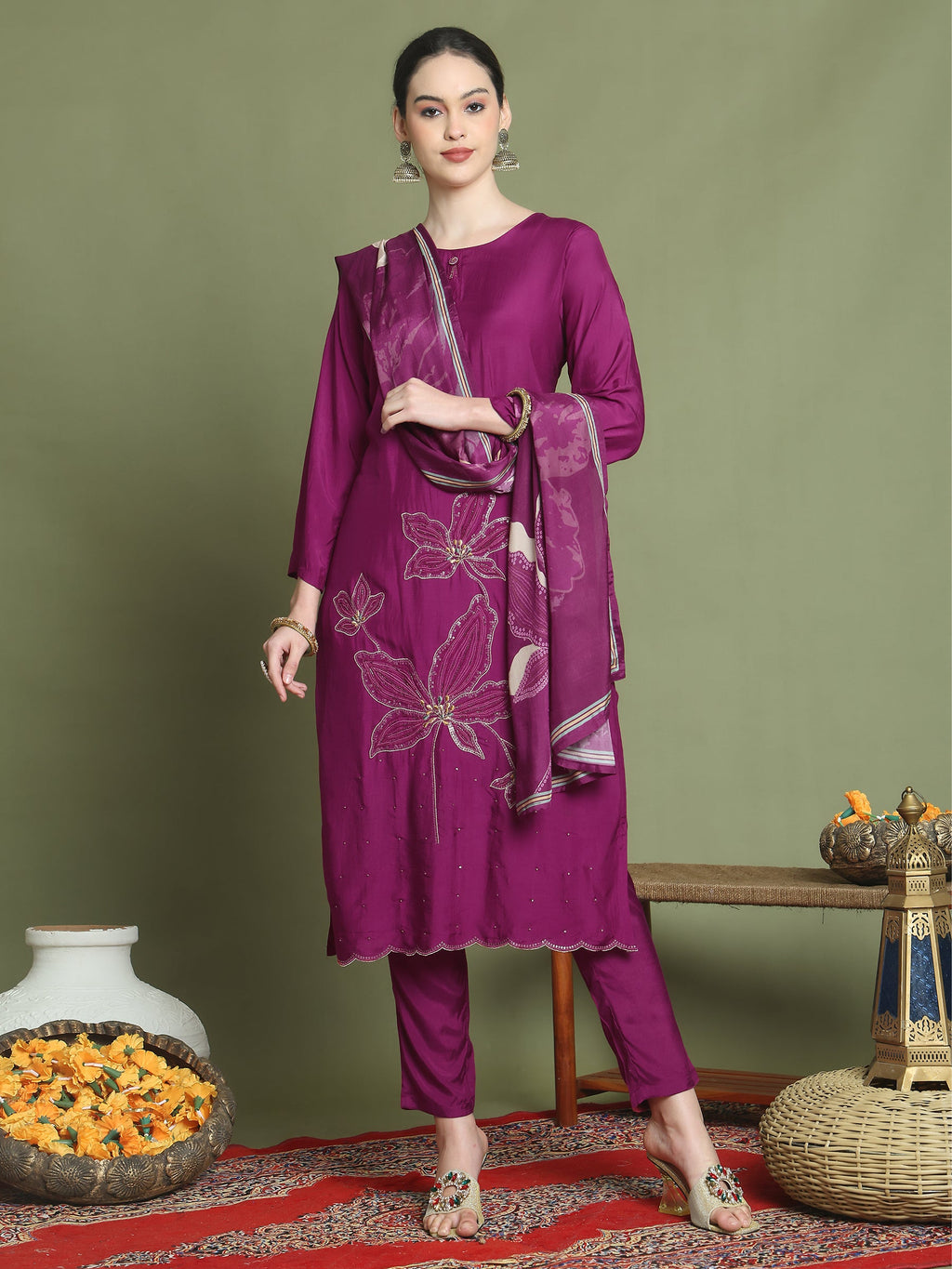 Stylee Lifestyle Magenta Muslin Embroidered Suit Set | Grocsy