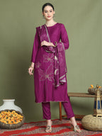 Stylee Lifestyle Magenta Muslin Embroidered Suit Set | Grocsy
