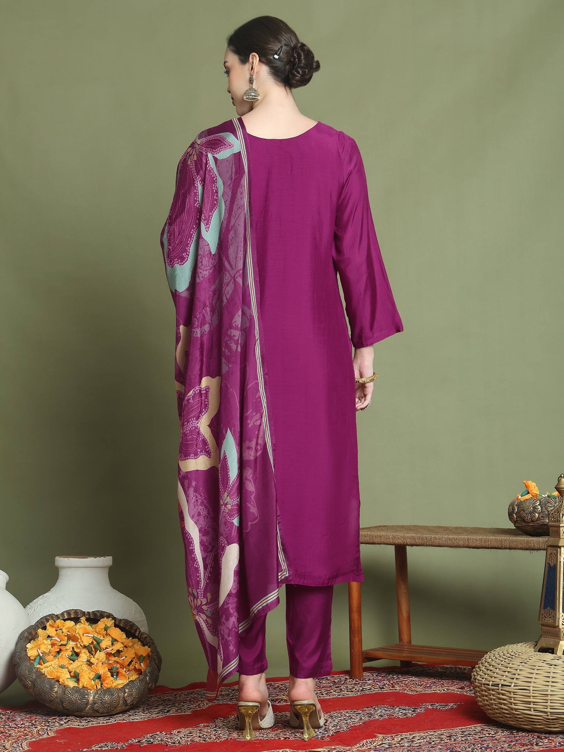 Stylee Lifestyle Magenta Muslin Embroidered Suit Set | Grocsy