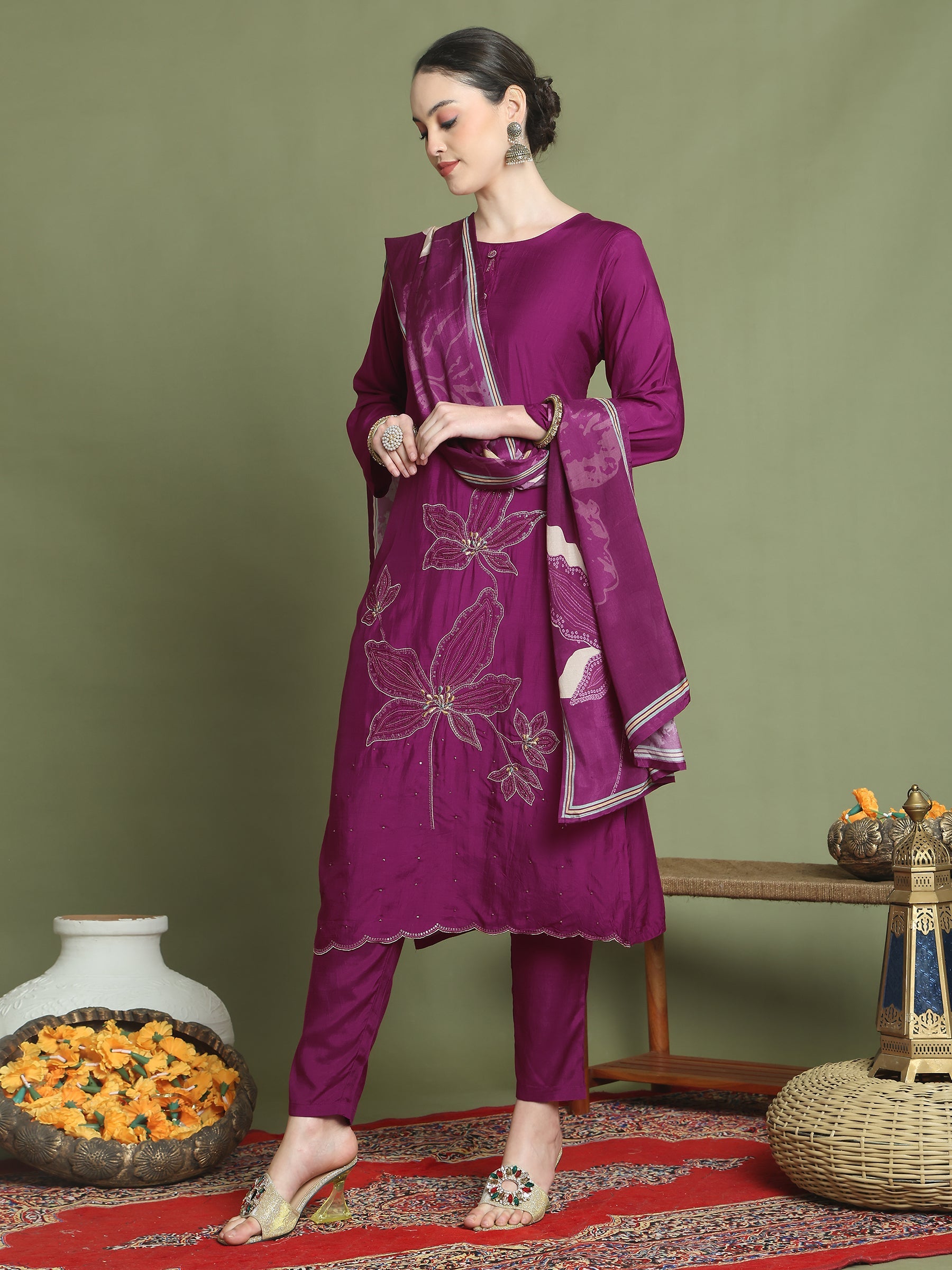 Stylee Lifestyle Magenta Muslin Embroidered Suit Set | Grocsy