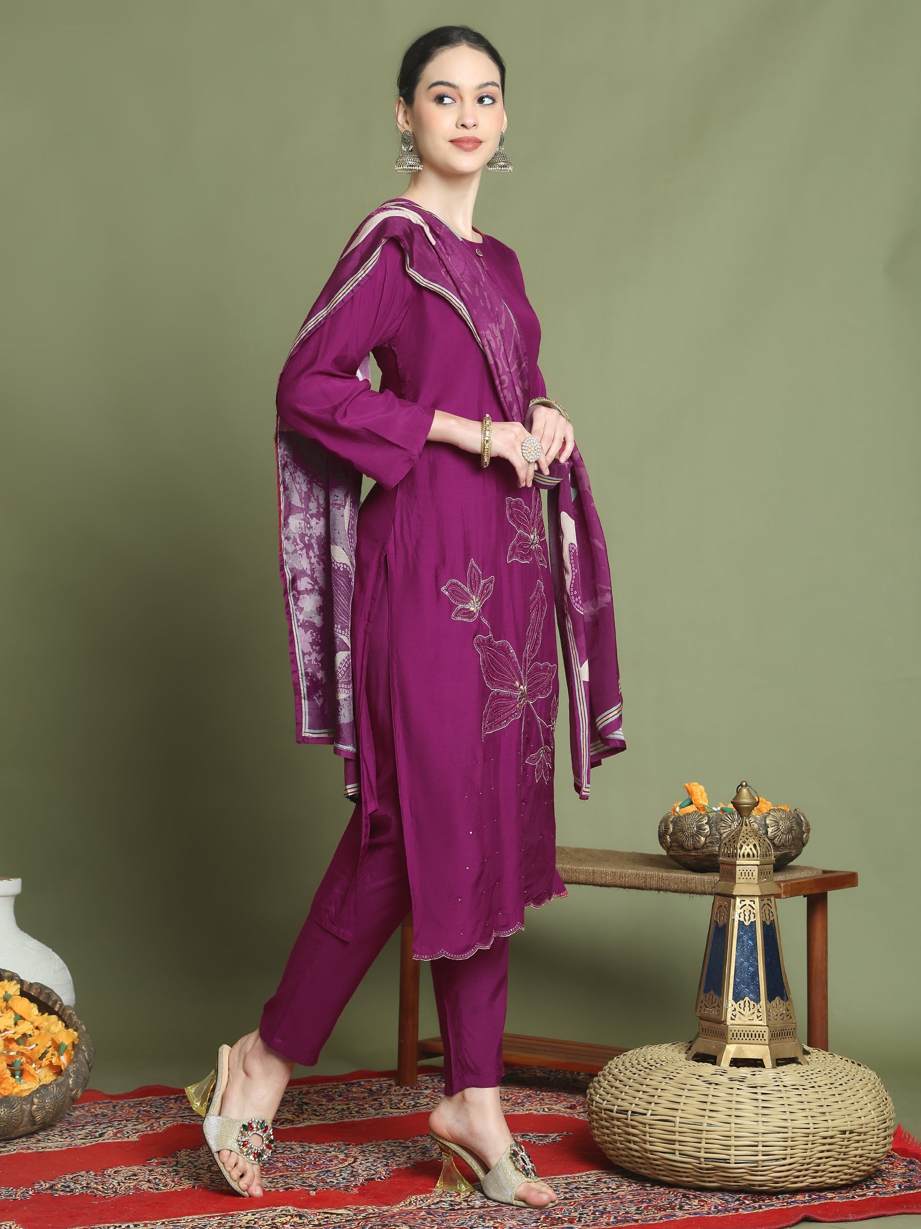 Stylee Lifestyle Magenta Muslin Embroidered Suit Set | Grocsy