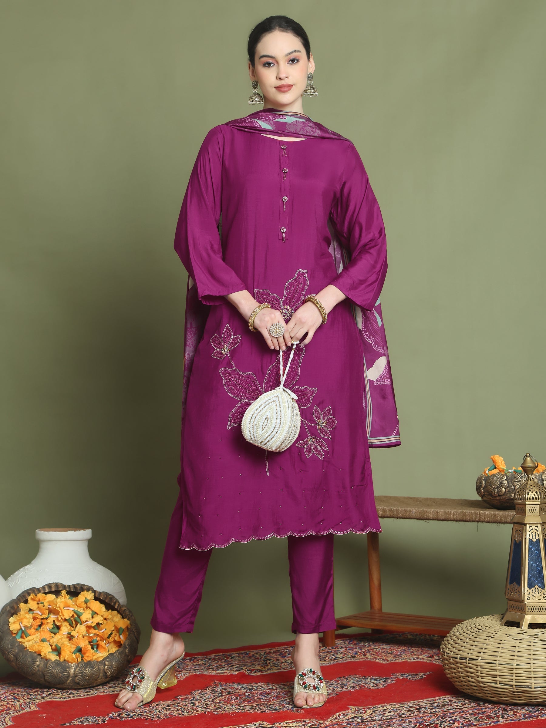 Stylee Lifestyle Magenta Muslin Embroidered Suit Set | Grocsy