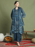 Stylee Lifestyle Navy Blue Satin Embroidered Suit Set | Grocsy