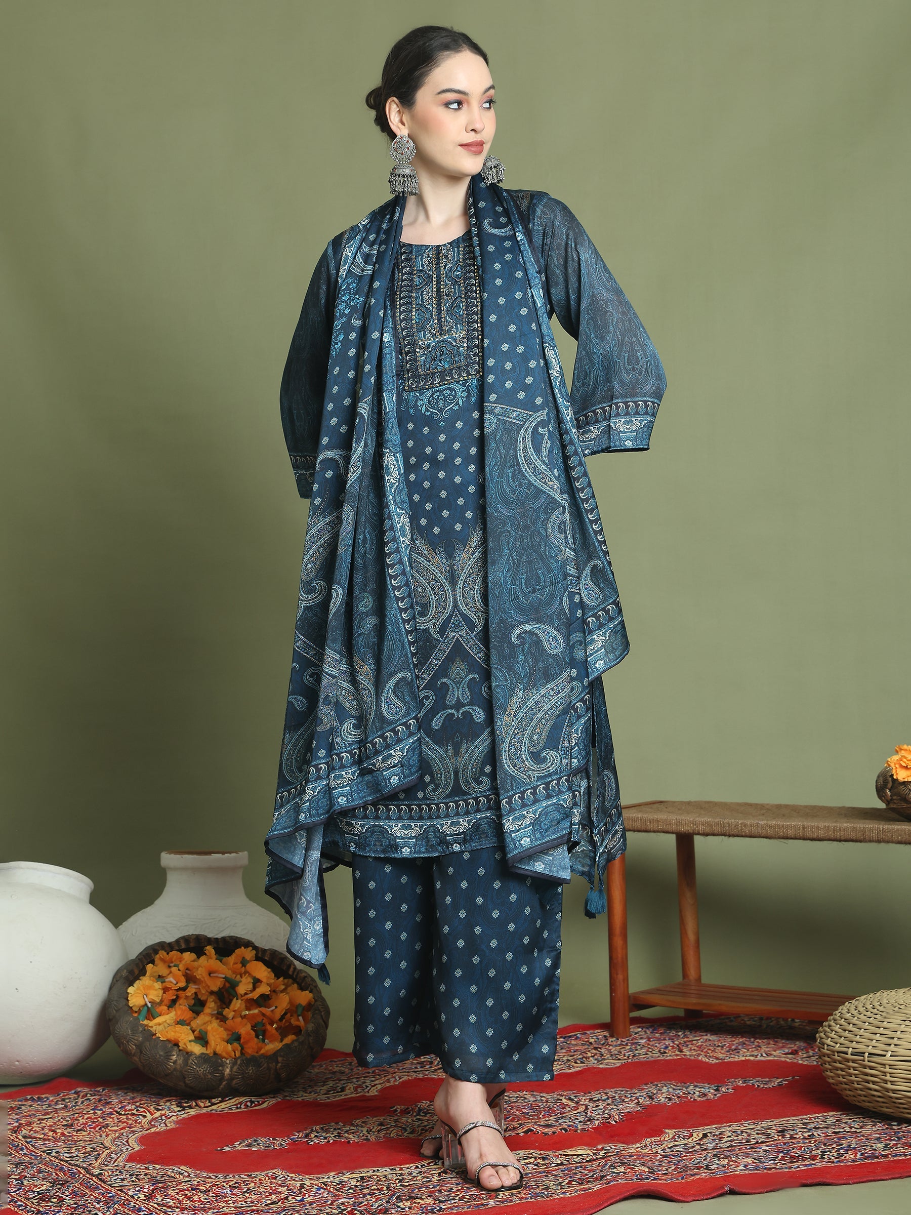 Stylee Lifestyle Navy Blue Satin Embroidered Suit Set | Grocsy