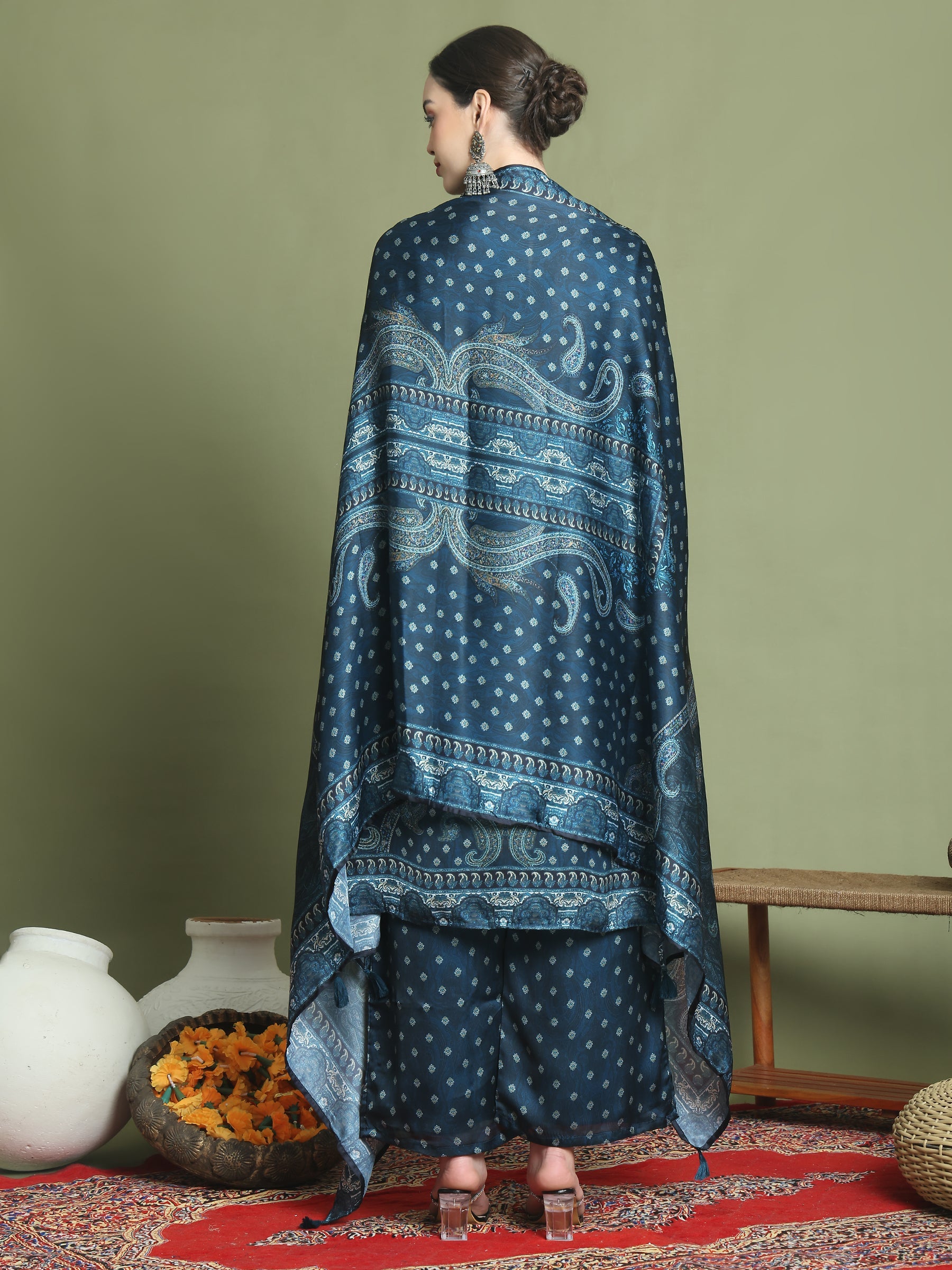 Stylee Lifestyle Navy Blue Satin Embroidered Suit Set | Grocsy