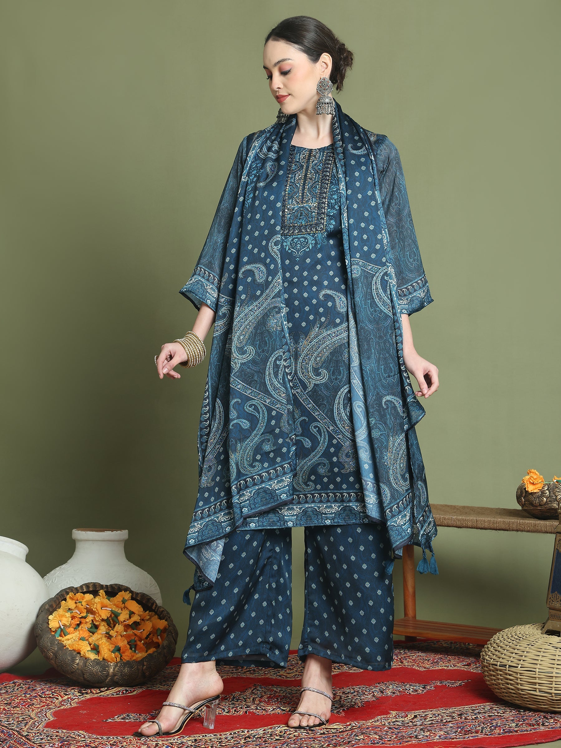 Stylee Lifestyle Navy Blue Satin Embroidered Suit Set | Grocsy