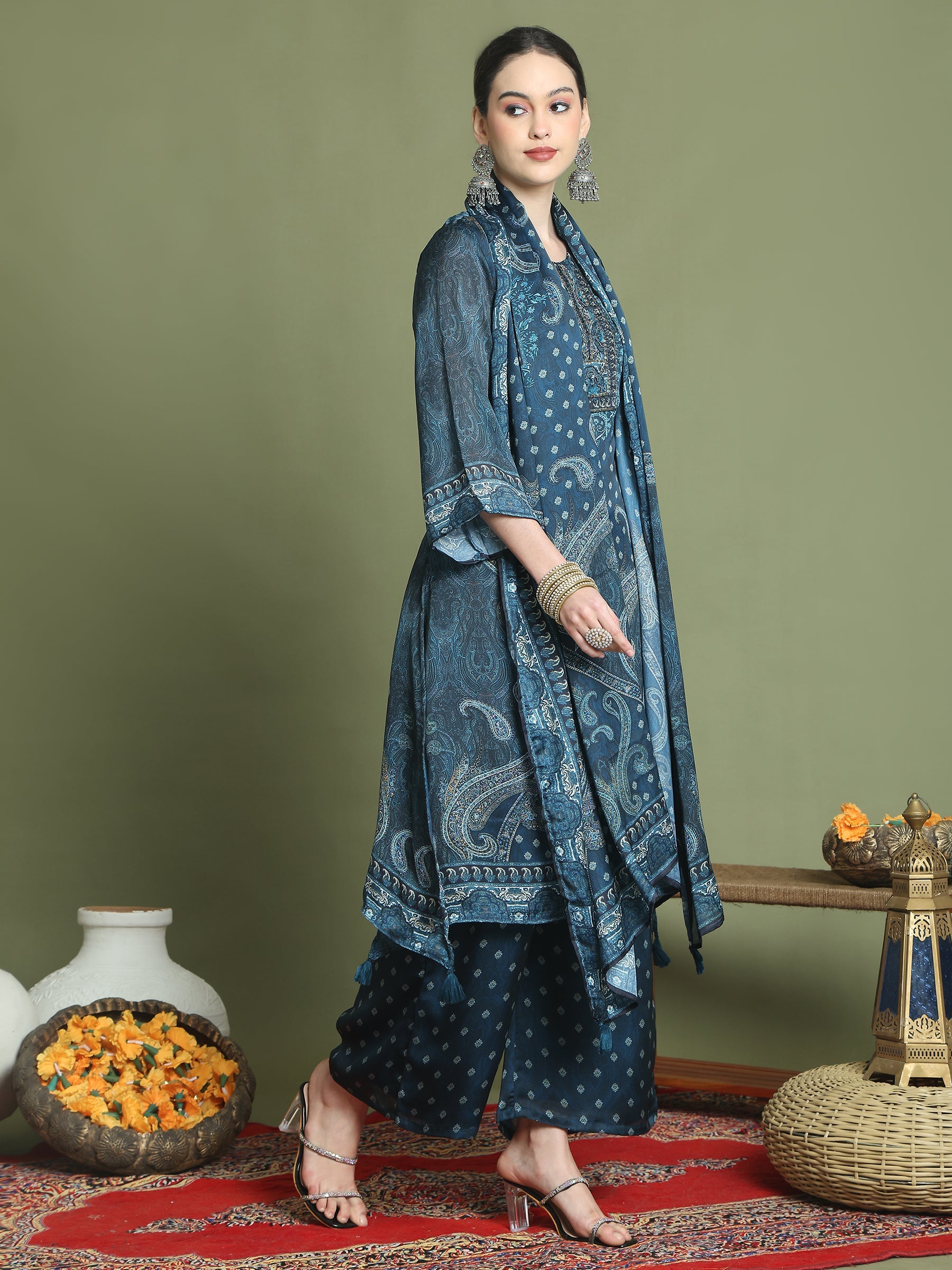 Stylee Lifestyle Navy Blue Satin Embroidered Suit Set | Grocsy
