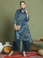 Stylee Lifestyle Navy Blue Satin Embroidered Suit Set | Grocsy