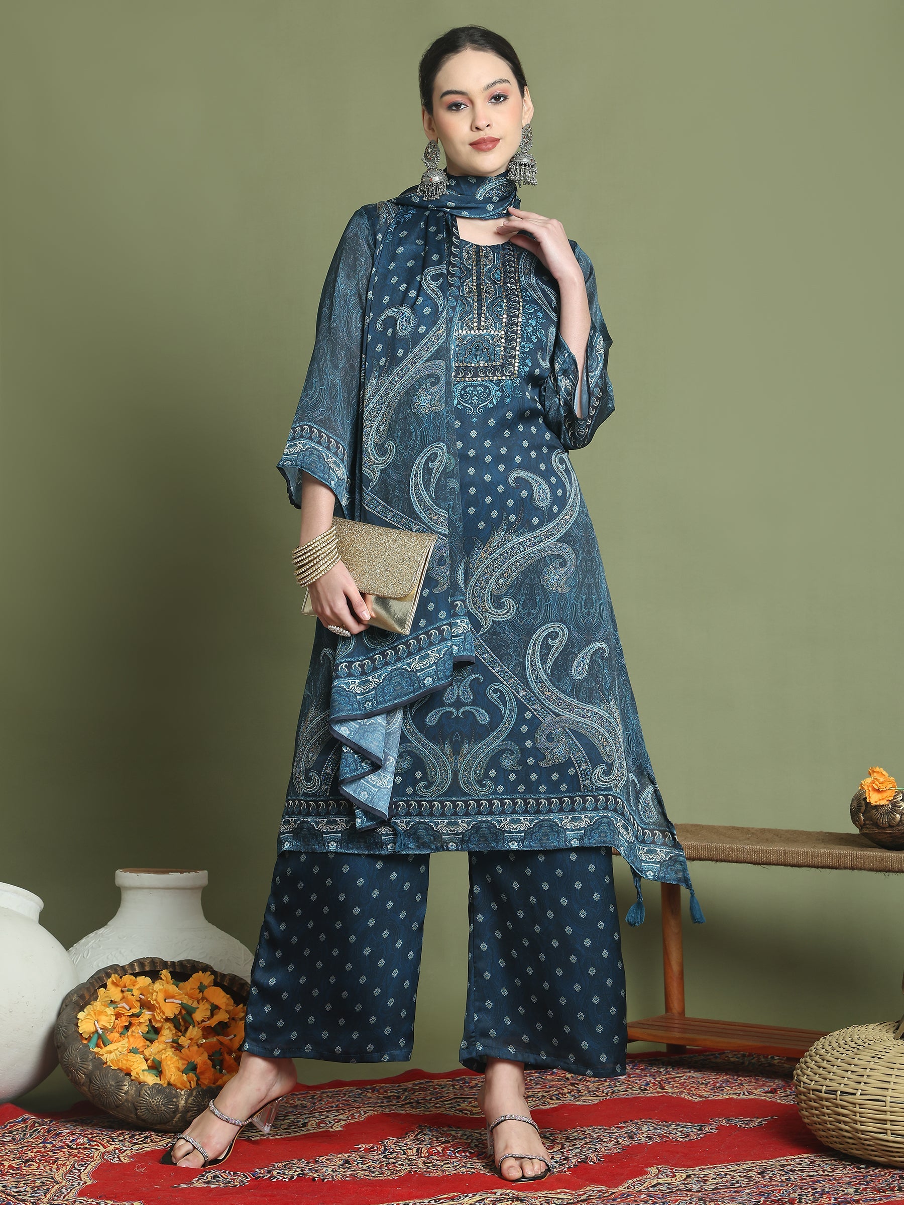 Stylee Lifestyle Navy Blue Satin Embroidered Suit Set | Grocsy
