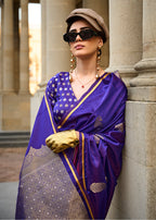 Monjolika Fashion Violet Blue Colour Satin Handloom Silk Festival Saree | Grocsy