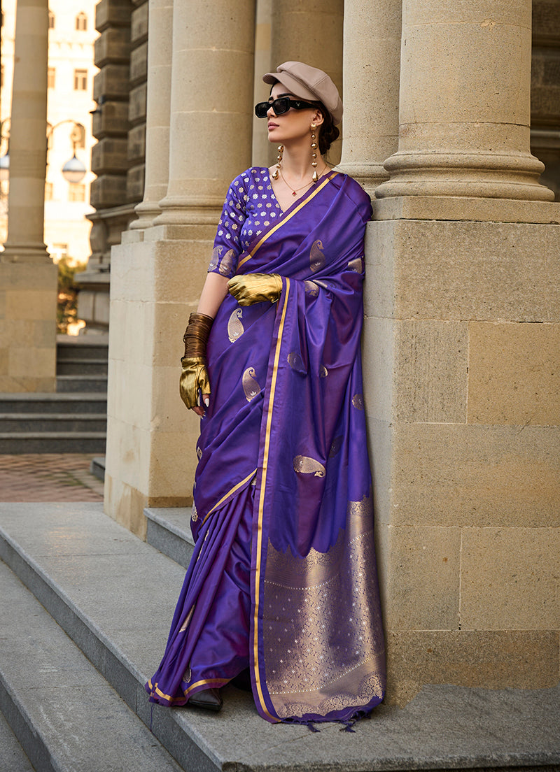 Monjolika Fashion Violet Blue Colour Satin Handloom Silk Festival Saree | Grocsy