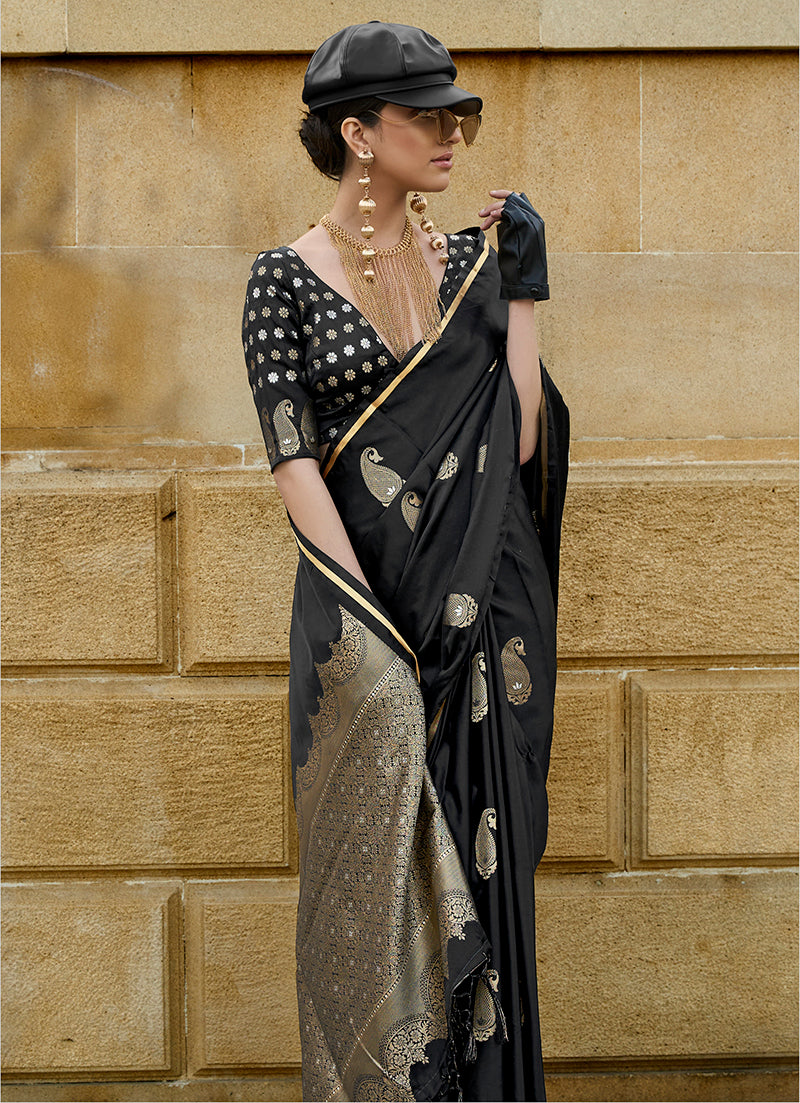 Monjolika Fashion Black Colour Satin Handloom Silk Festival Saree | Grocsy