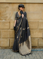 Monjolika Fashion Black Colour Satin Handloom Silk Festival Saree | Grocsy