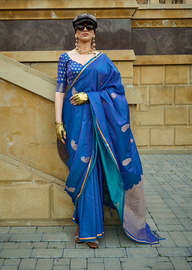 Monjolika Fashion Dark Blue Colour Satin Handloom Silk Festival Saree | Grocsy