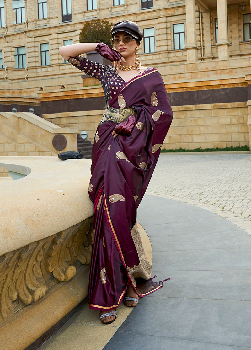 Monjolika Fashion Dark Wine Colour Satin Handloom Silk Festival Saree | Grocsy