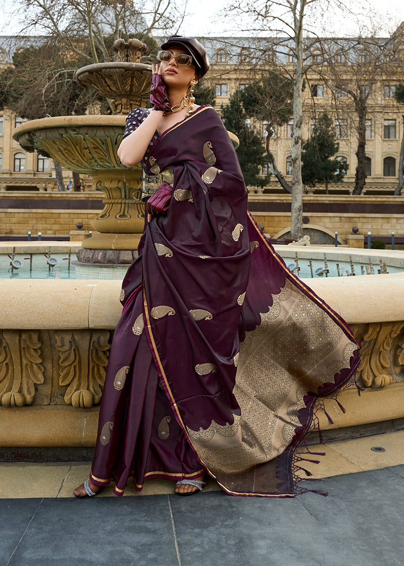 Monjolika Fashion Dark Wine Colour Satin Handloom Silk Festival Saree | Grocsy