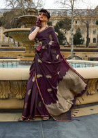 Monjolika Fashion Dark Wine Colour Satin Handloom Silk Festival Saree | Grocsy