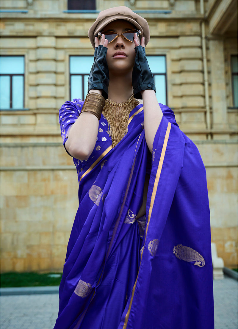 Monjolika Fashion Royal Blue Colour Satin Handloom Silk Festival Saree | Grocsy