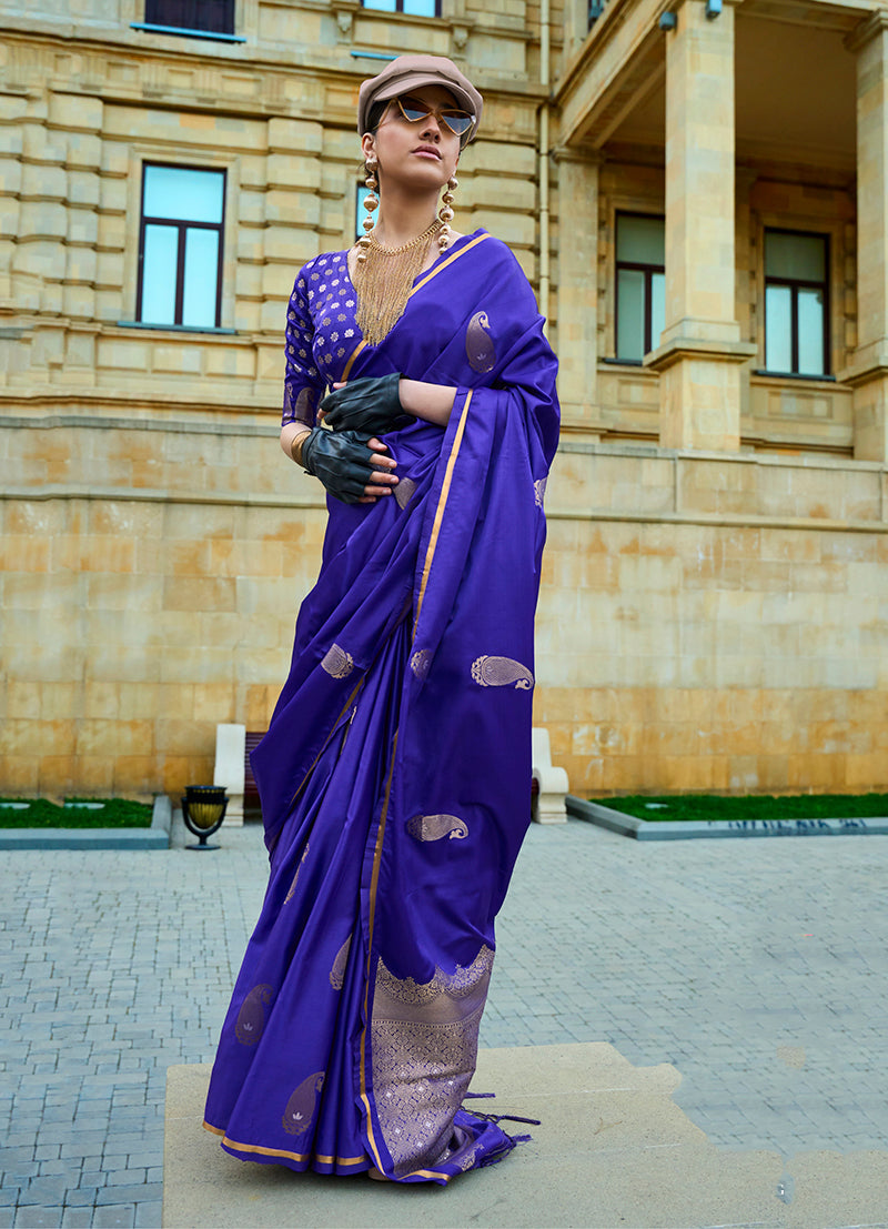 Monjolika Fashion Royal Blue Colour Satin Handloom Silk Festival Saree | Grocsy